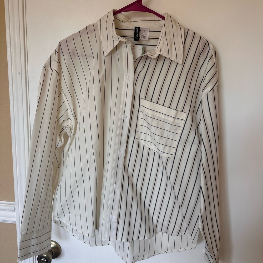H&M Women's Ivory and Black Striped Button Down Shirt